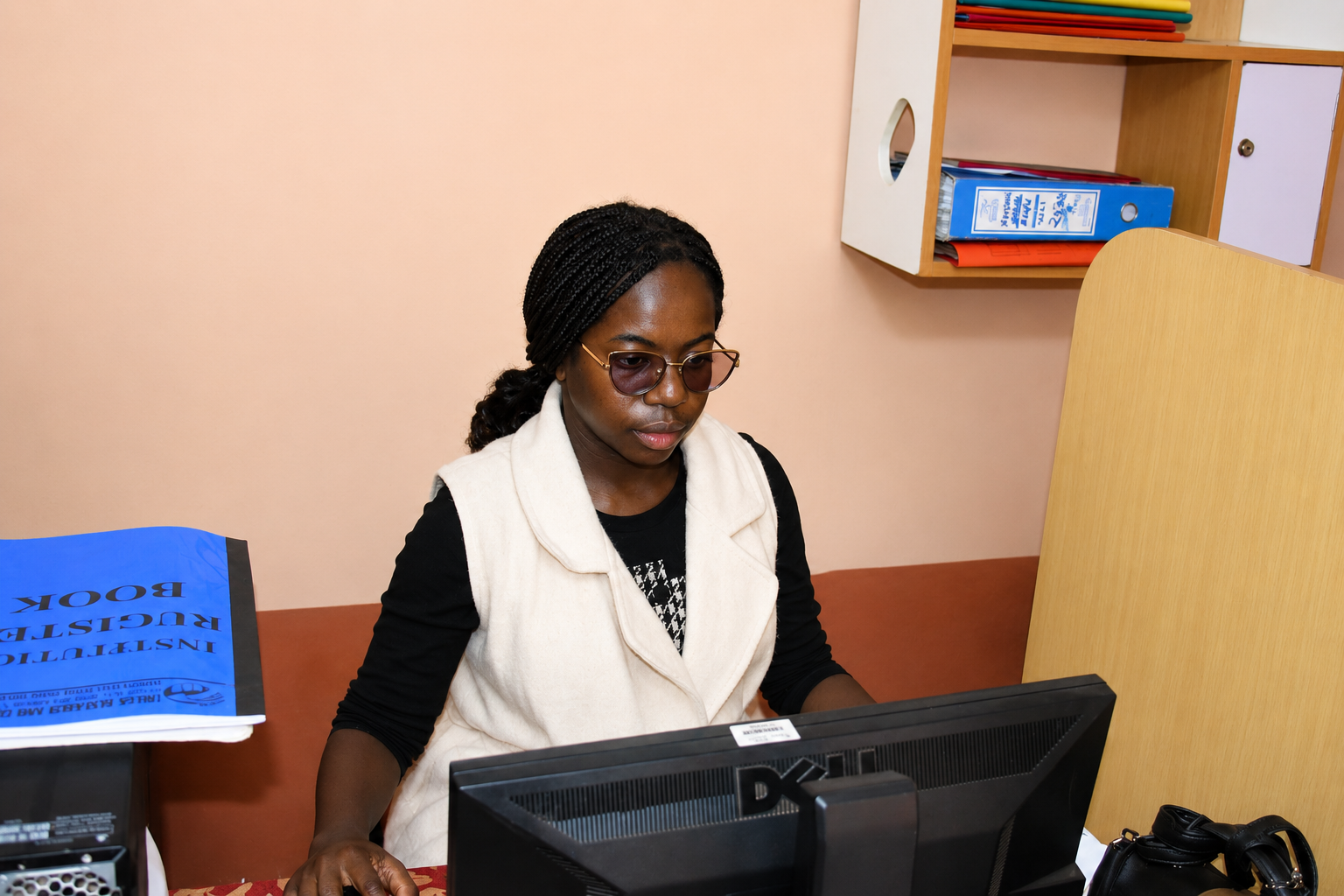 EMESA staff member working at a computer in the office